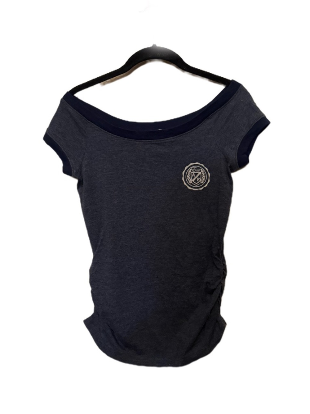 Y2K Abercrombie and Fitch Off-Shoulder Blue Gray Women's Top with Side Ruching